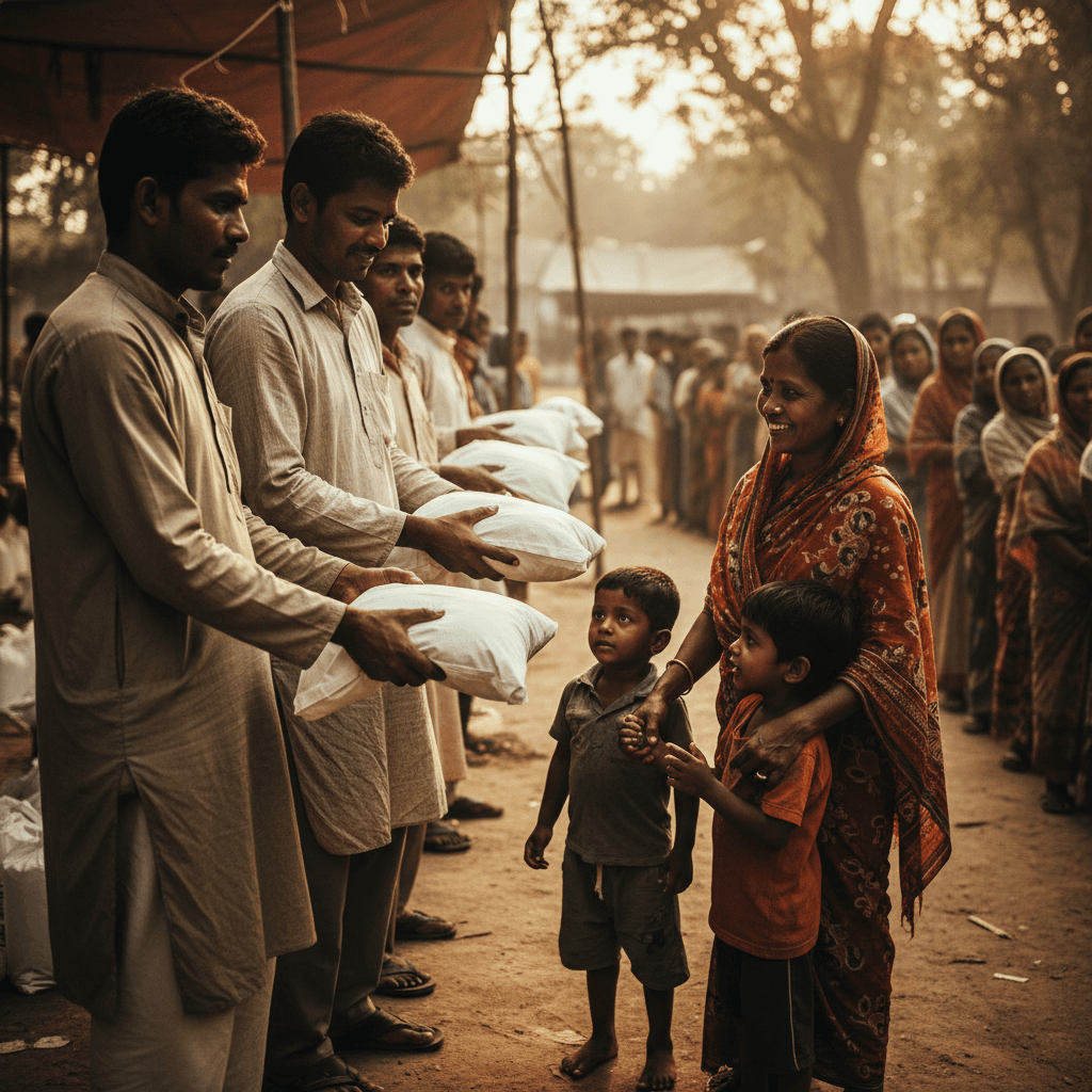 Volunteers distributing Qurbani meat to families in rural Bangladesh