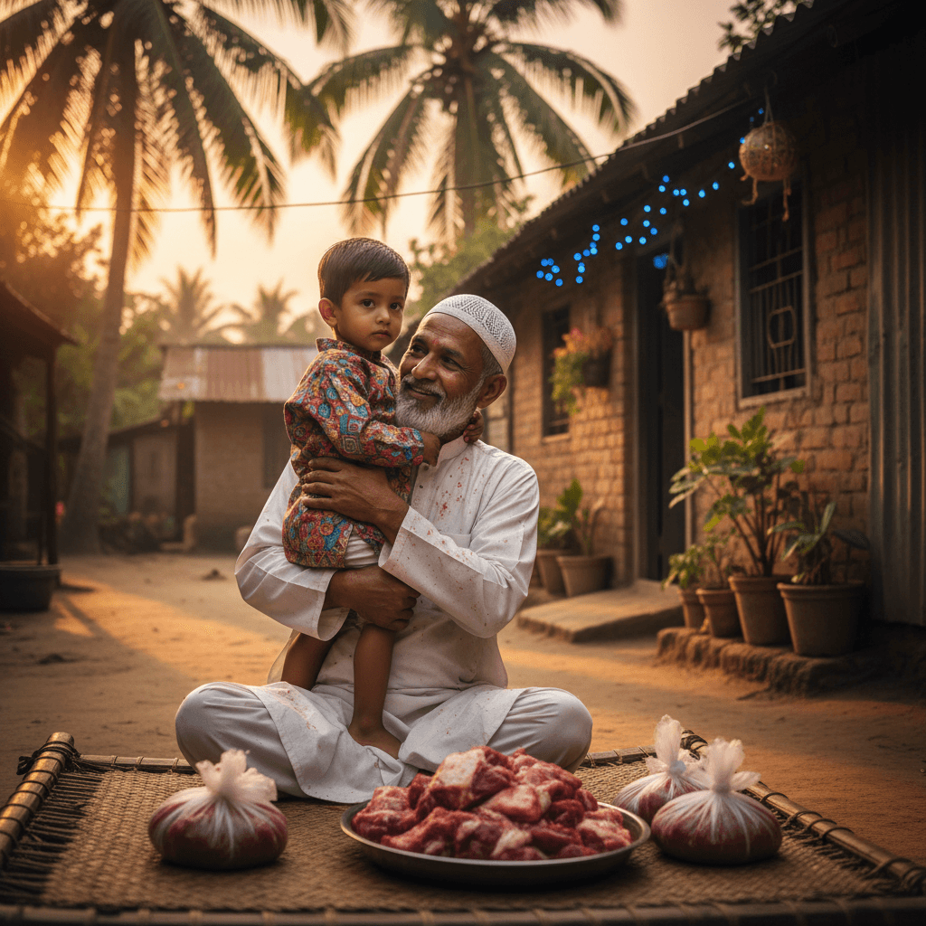 A grandfather embracing his grandchild after receiving Qurbani meat in rural Bangladesh